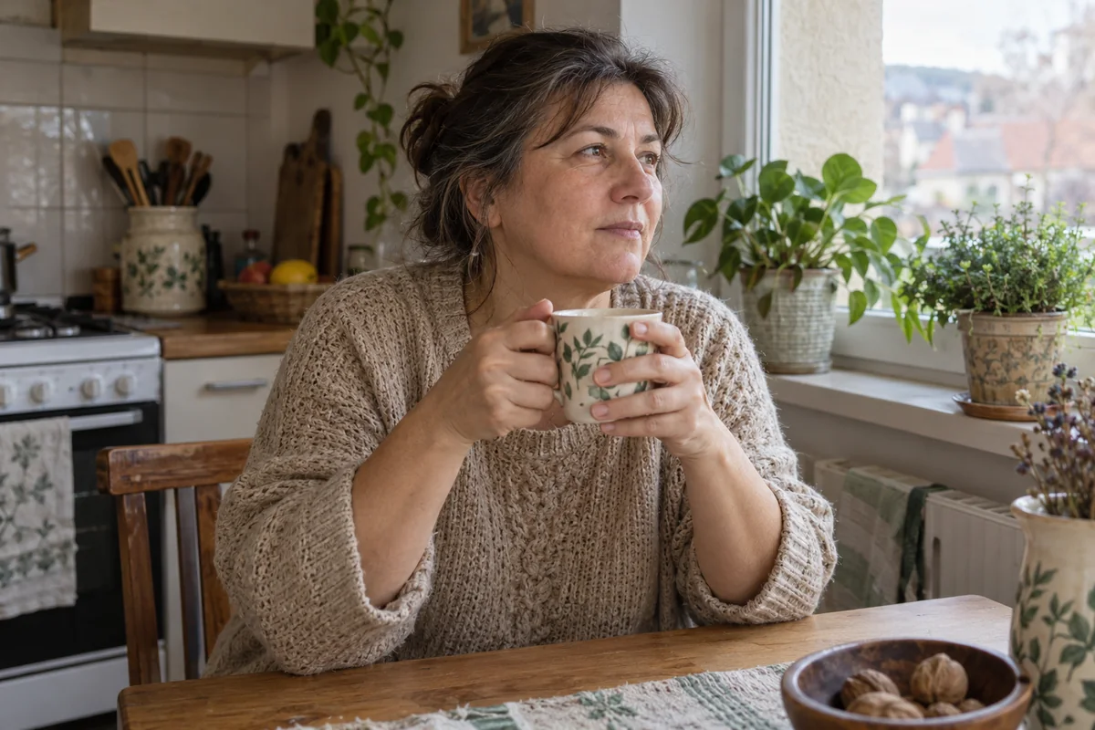 Žena kod kuće za stolom uz šolju napitka