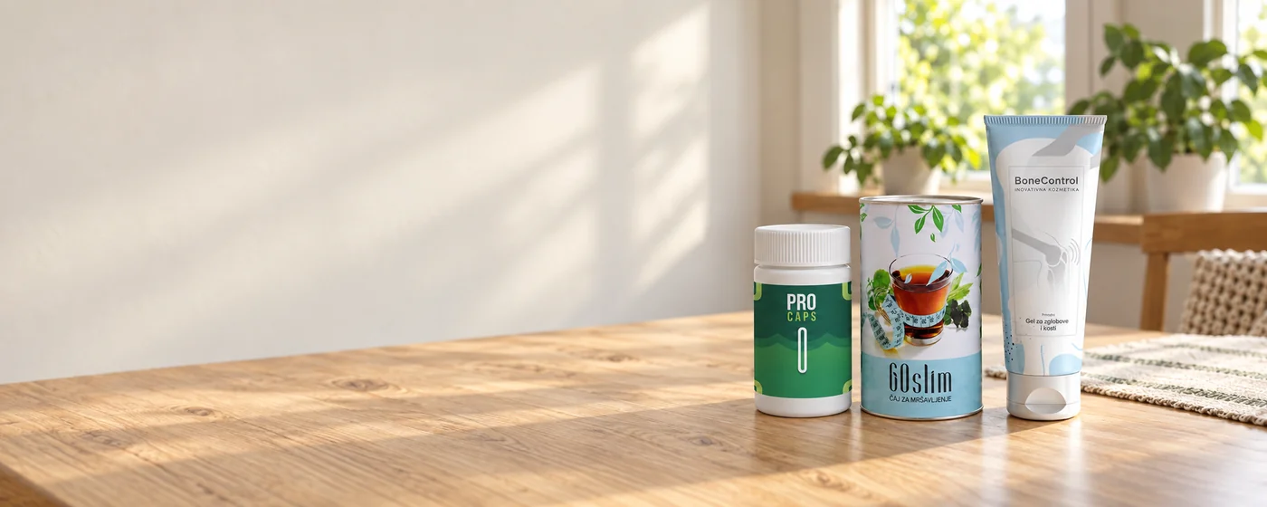 GoSlim čaj, Pro Caps kapsule i Bone Control gel na stolu
